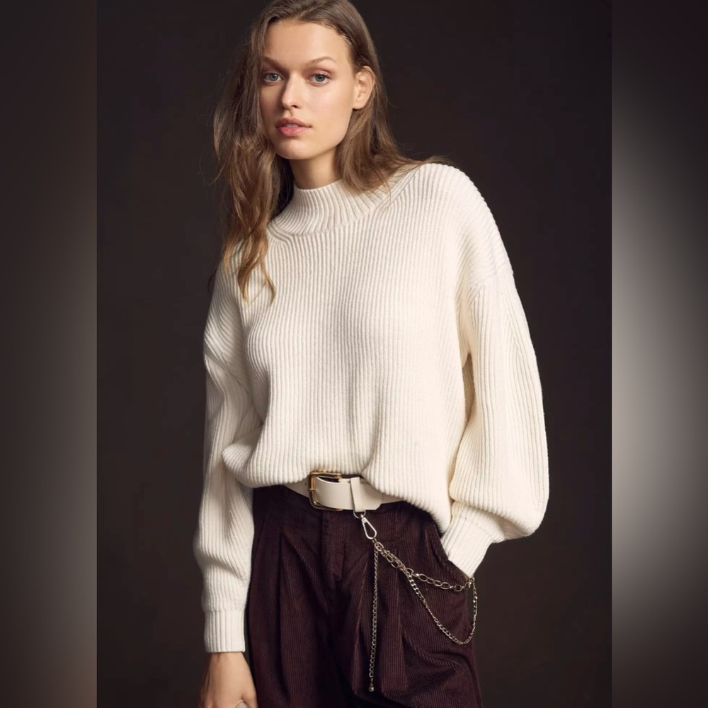 NWT Anthropologie Maeve Rib Knit Puff-Sleeve Sweater - Ivory XXS